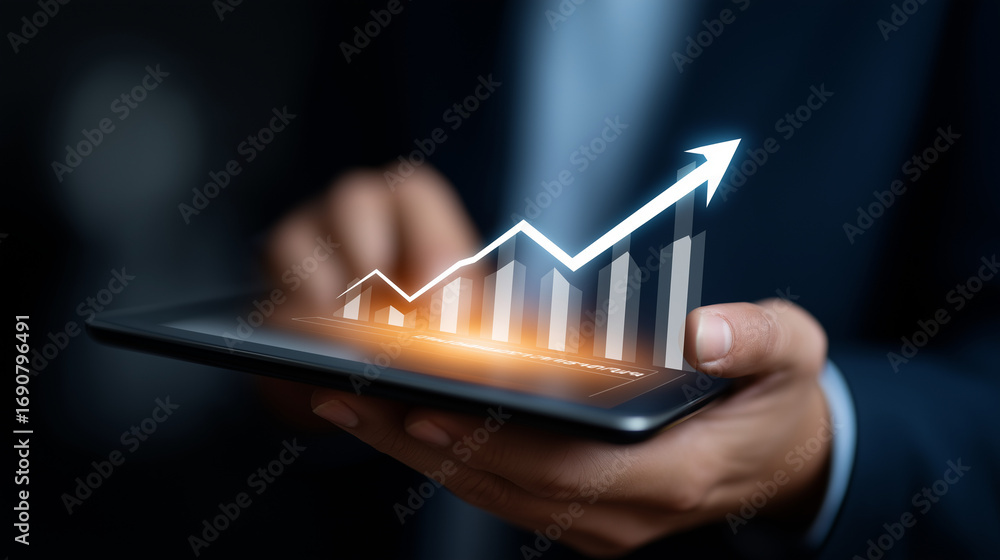 Poster a sleek touchscreen interface lights up as glowing percentage graphs expand outward financial strate