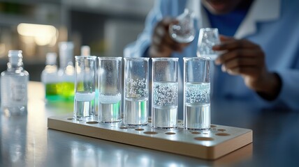 Close-up of a student interacting with a holographic chemistry set, glowing vials and molecules, high-tech science class setting.