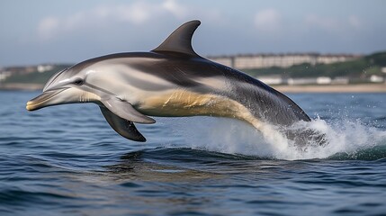 Fototapeta premium A leaping dolphin, grey and white, in ocean spray. Coastal town in background