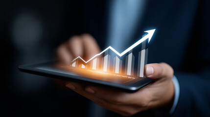 A sleek touchscreen interface lights up as glowing percentage graphs expand outward financial strategy visualized in real time with interactive curves and upward arrows. The