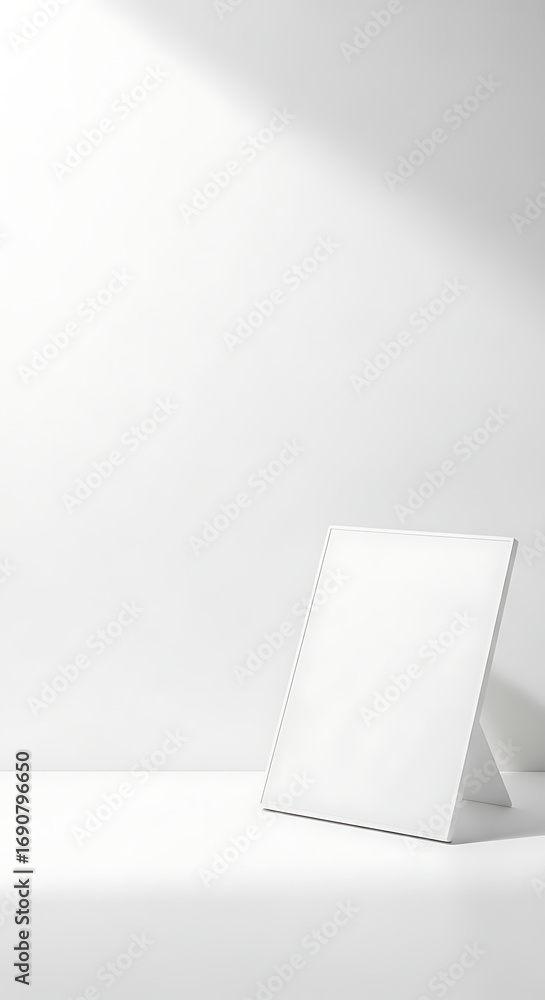 Poster minimalist white frame display on clean surface with soft shadows