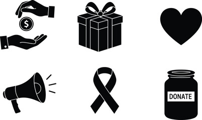 Donation icons, charity symbols, money giving, gift box, heart shape, megaphone announcement, awareness ribbon, donation jar, fundraising, generosity