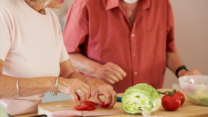 Senior couple preparing salad with fresh vegetables in kitchen