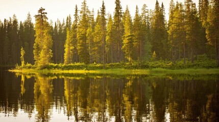 Fototapeta premium A serene lake surrounded by dense forests during golden hour,