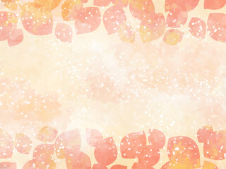 秋の紅葉のイメージの背景素材。水彩風テクスチャー。丸い葉っぱのシルエット上下。やさしい色調。ふんわりした光の輝き。コピースペース。