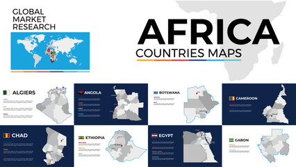 Illustrative maps showcasing African countries with geographic details and global context. Useful for business research, geography studies, and market analysis. Visually clear and informative for educ