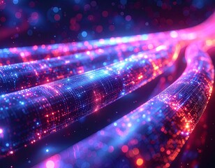 Fototapeta premium Abstract digital art showcasing fiber optic cables transmitting data with glowing particles.