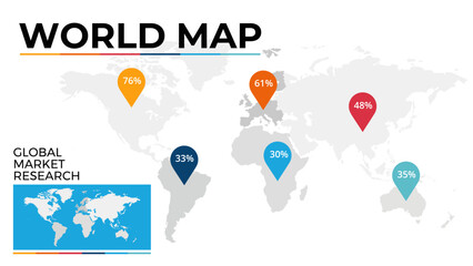 World Map with Colorful Data Points Displaying Market Research Insights