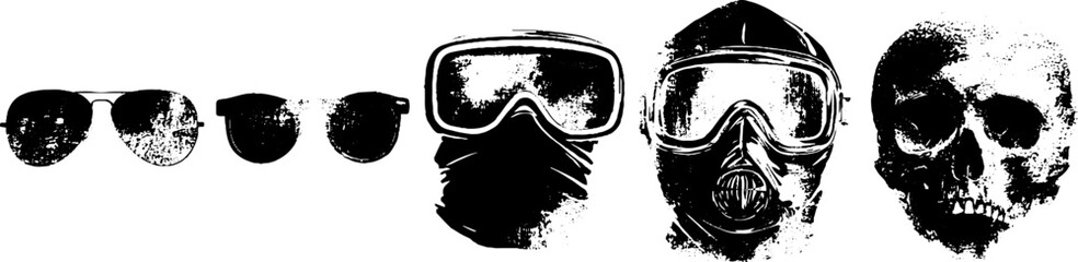 Grunge black and white set featuring broken eyewear, gas masks, and skull silhouettes for urban design