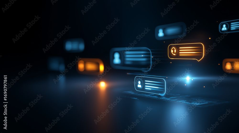 Poster a futuristic customer support dashboard glows with chat icons headsets and communication tools speec