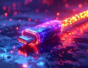 A glowing USB-C cable with vibrant neon lights, showcasing data transfer.