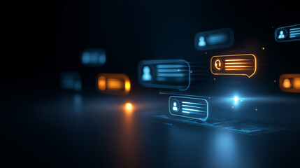 A futuristic customer support dashboard glows with chat icons headsets and communication tools speech bubbles illuminating as they connect to client profiles. The atmosphere con