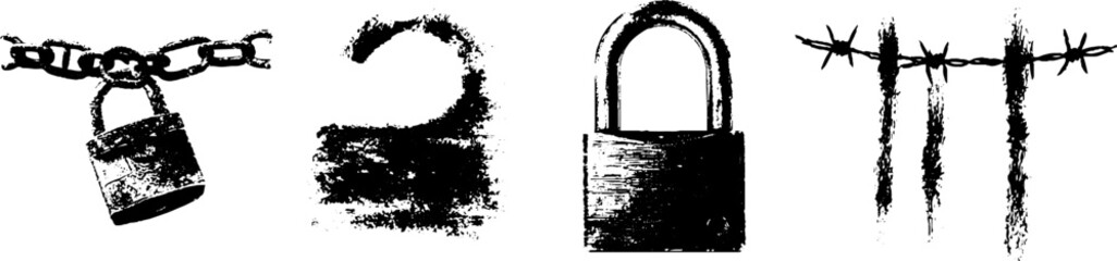 Fototapeta premium Grunge black and white lock and chain illustrations set for urban design and prints