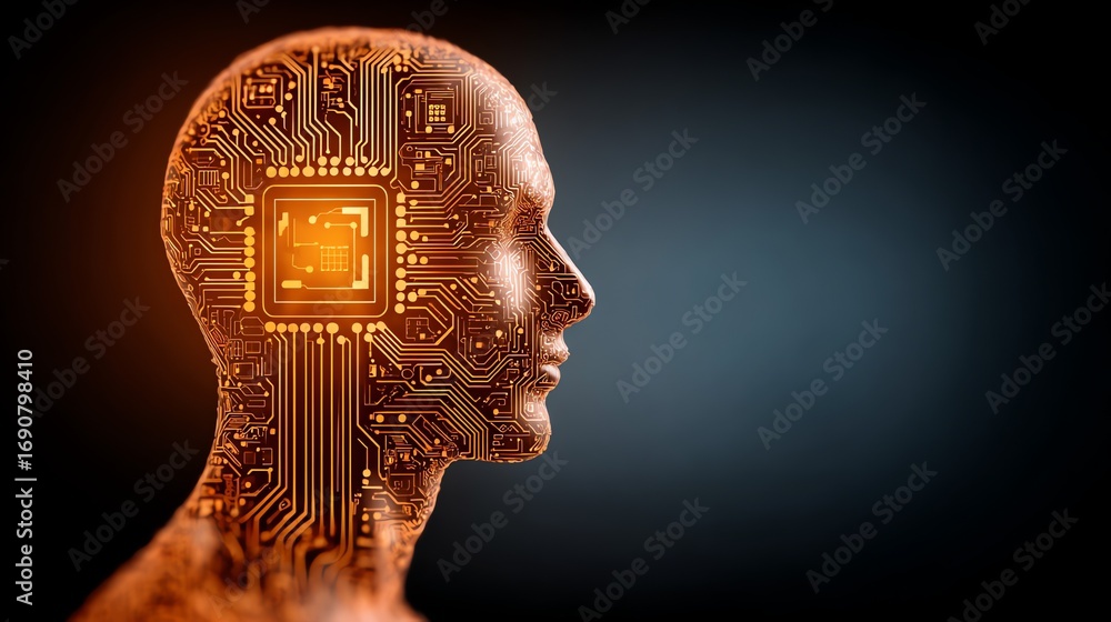 Poster a striking digital rendering portrays the human head filled with intricate circuitry, symbolizing th