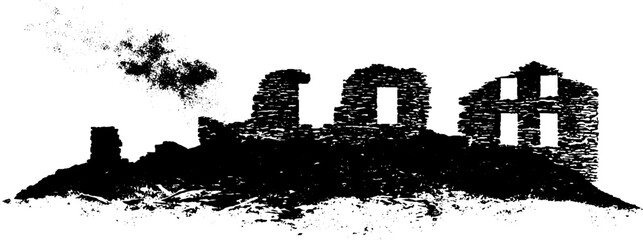 Obraz premium Grunge black and white illustration of burned ruins for urban design projects
