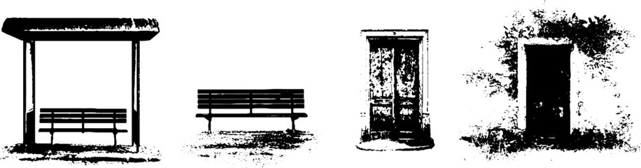 Grunge black and white urban elements: bus stop, bench, and door illustrations