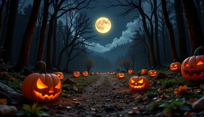 Fototapeta premium A Halloween scene set at night. A cobblestone road lined with jack o' lanterns leads through a forested area with twisted trees and bare branches