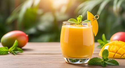 Refreshing mango smoothie on a wooden table with vibrant tropical background and mint garnish