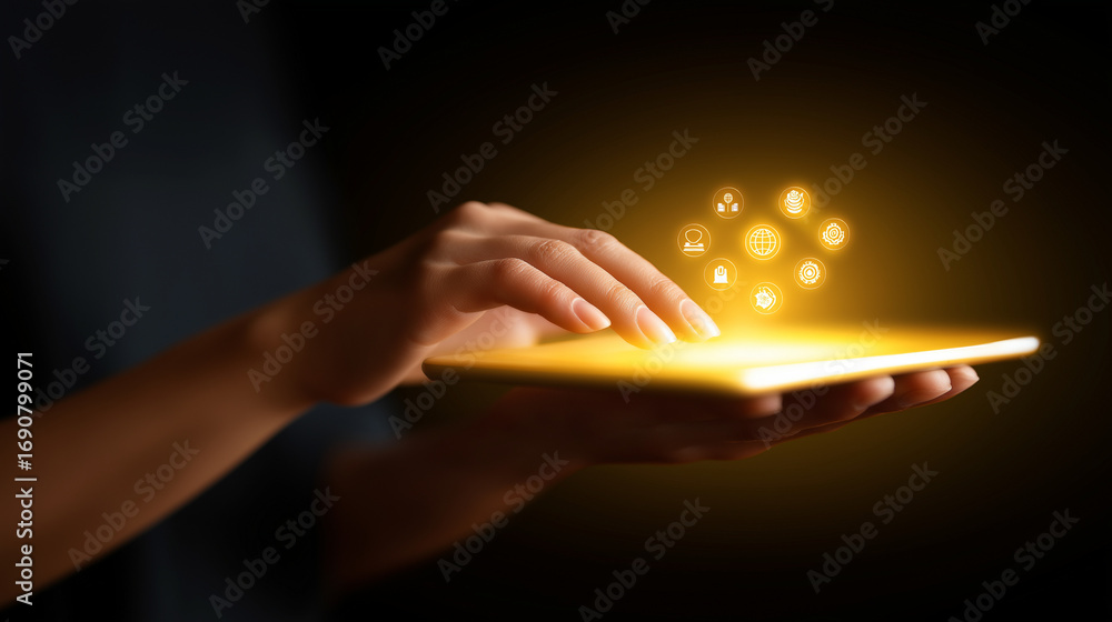 Poster a radiant interface glows with symbolic icons representing integrity ethics and core business values