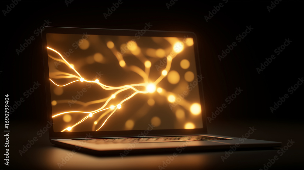 Poster a glowing laptop screen displays an abstract neural network connections pulsing like illuminated pat