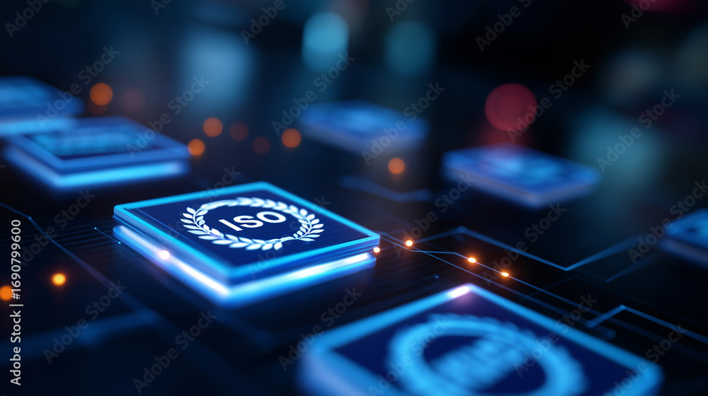 Aufkleber A compliance focused quality assurance dashboard glows with ISO badges and certification seals. Digital workflows align in luminous grids atmosphere of discipline reliability