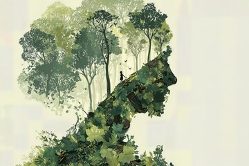 Double exposure forest landscape with human face silhouette