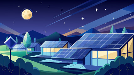 Fototapeta premium Vector art of solar panel village at night with moon and stars, showcasing sustainable energy and ecofriendly living in a peaceful and serene environment