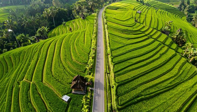 Lush terraced rice paddies with a winding road