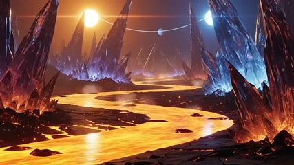 A surreal landscape featuring glowing lava rivers winding through jagged crystal formations under dual suns - Powered by Adobe