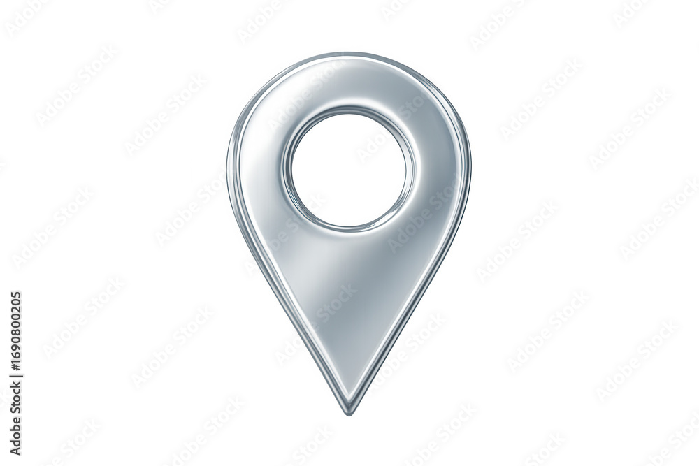 Poster silver metallic location pin representing navigation, gps positioning against transparent backdrop, 