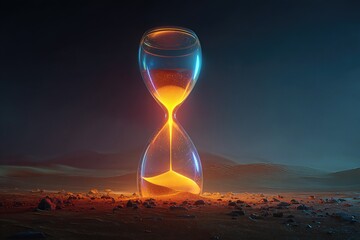 Glowing hourglass in desert surreal illustration