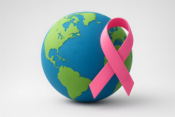 A 3D-rendered globe featuring North and South America prominently, with a large pink ribbon placed over it. The pink ribbon symbolizes breast cancer awareness, representing global unity, hope, and the