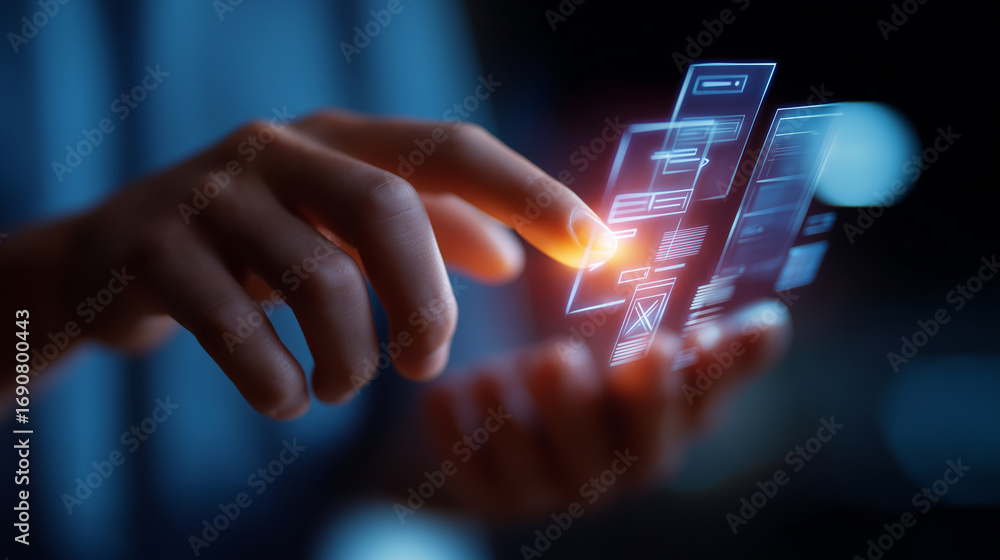 Poster a futuristic holographic screen glows with ux/ui design elements app wireframes floating in mid air.