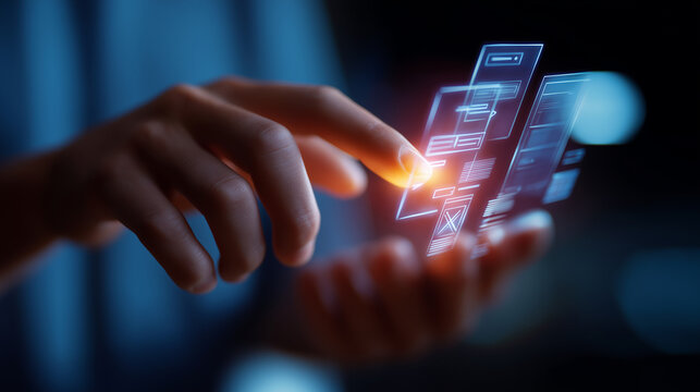 A futuristic holographic screen glows with UX/UI design elements app wireframes floating in mid air. Interactive icons pulse as developers shape layouts dynamically. Atmosphere