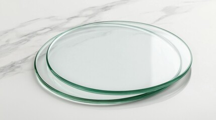 Two clear glass plates on a marble countertop.
