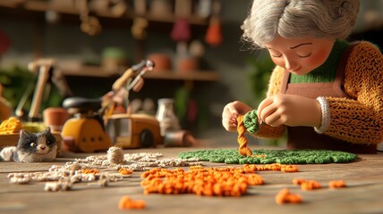 Senior woman knitting, intricate yarn details, 3D illustration