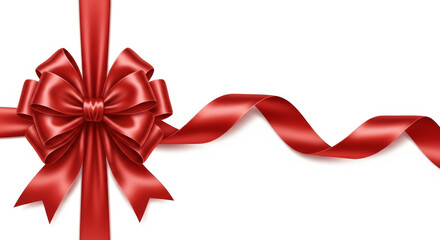 A red satin bow and ribbon on a white background creating a festive and elegant presentation look