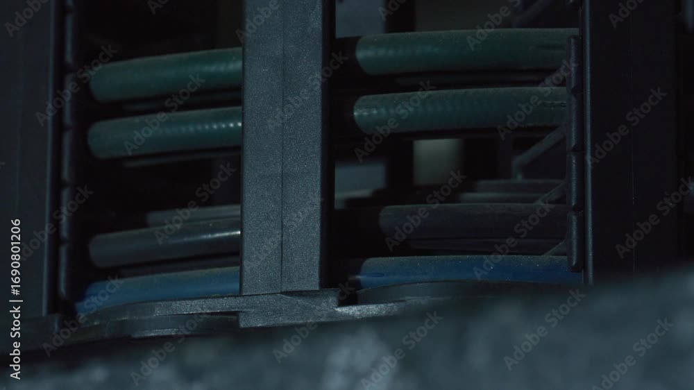 Poster intricate green industrial cables rotating dynamically within complex machinery, revealing sophistic