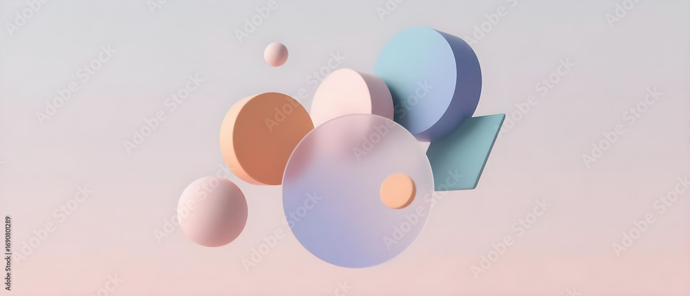 Poster pastel geometry floating serene arrangement subtle color palette visual harmony