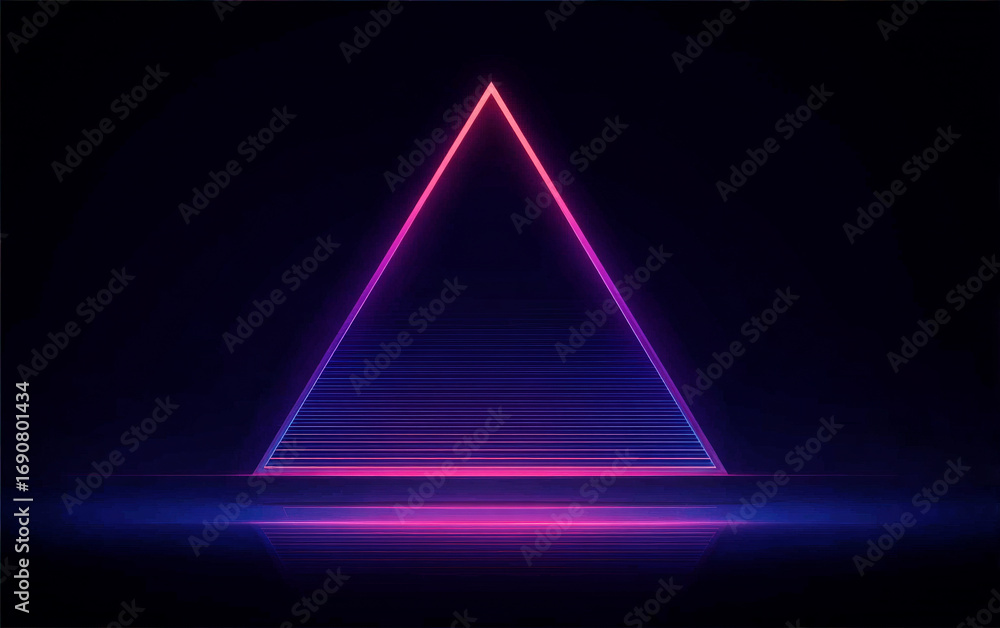 Poster neon lit triangular shape with vibrant colorful lines on dark background