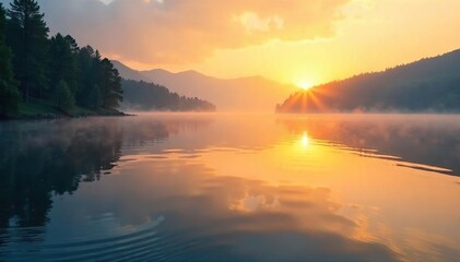 Obraz premium Serene lake at sunrise, gentle ripples disturb the calm surface, reflecting the golden light Tranquil waters, peaceful scene, early morning mist , lake, ripples, reflection