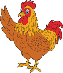 Vibrant Cartoon Chicken Vector Illustration with Expressive Eyes, Raised Wing Gesture, Brown Orange Feathers, Friendly Character Design for Kids