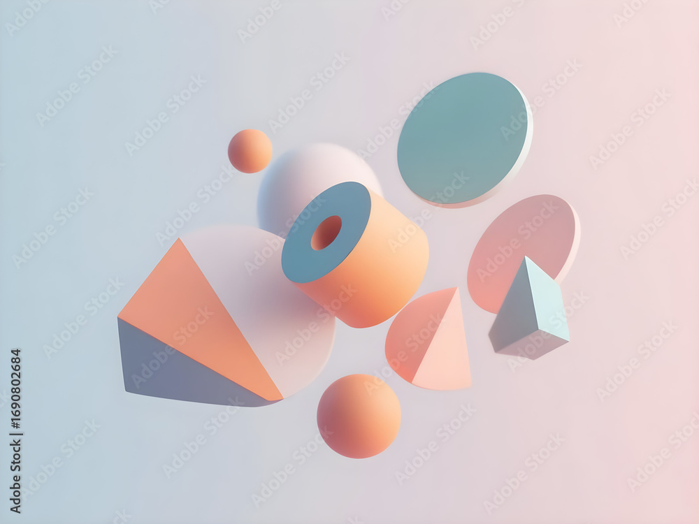 Poster floating geometric shapes artfully arranged on a pastel gradient background creating a captivating