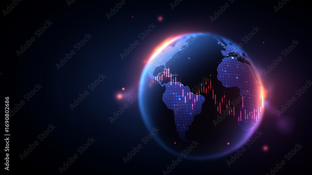 Poster a luminous financial hub glows with ai driven market analytics 3d charts orbiting like glowing satel