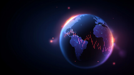 Fototapeta premium A luminous financial hub glows with AI driven market analytics 3D charts orbiting like glowing satellites. Atmosphere of foresight innovation and analytical clarity with copy