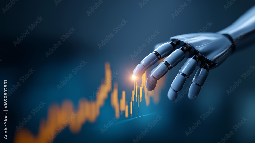Poster a futuristic robotics dashboard pulses with glowing 3d stock prediction visuals robotic precision gu