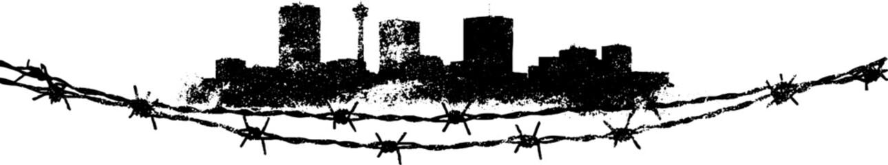 Grunge black and white urban cityscape with barbed wire design for posters and cards