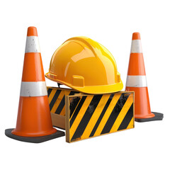 Construction safety equipment: hard hat, traffic cones, and warning sign.