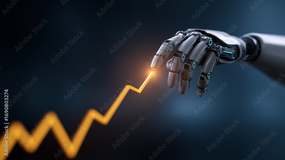 Poster a futuristic robotics dashboard pulses with glowing 3d stock prediction visuals robotic precision gu