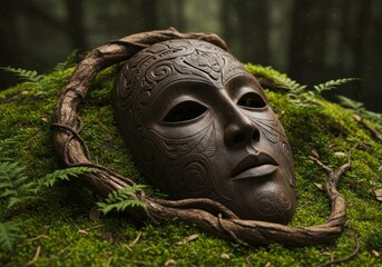 Intricate wooden mask rests on vibrant moss and roots.